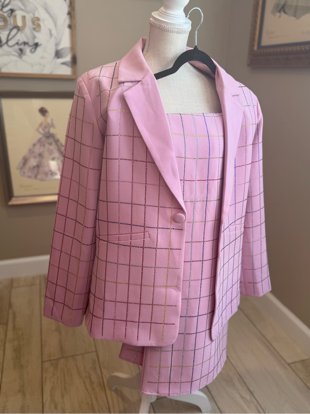 QUEEN OF SPARKLES Pink Rhinestone Plaid Blazer & Wide Leg Pant Set